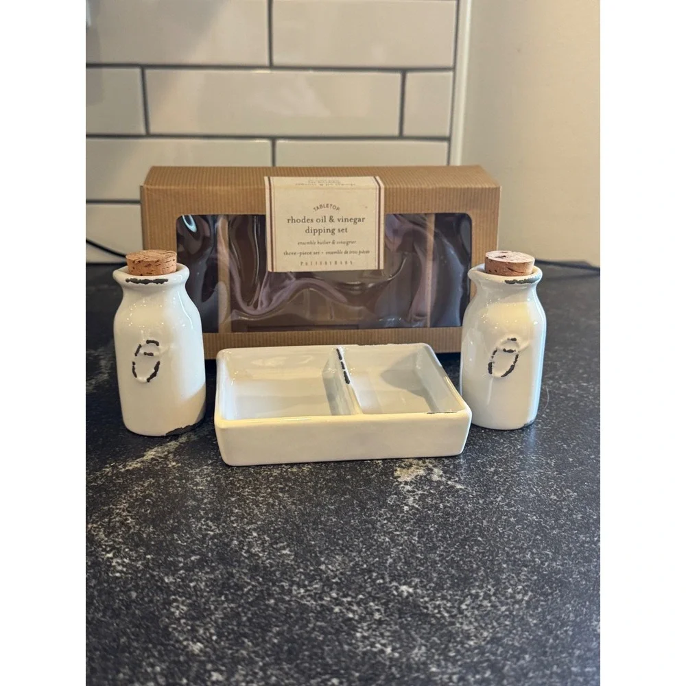 Pottery Barn Rhodes Oil and Vinegar Dipping Set White Ceramic 3 Piece Farmhouse